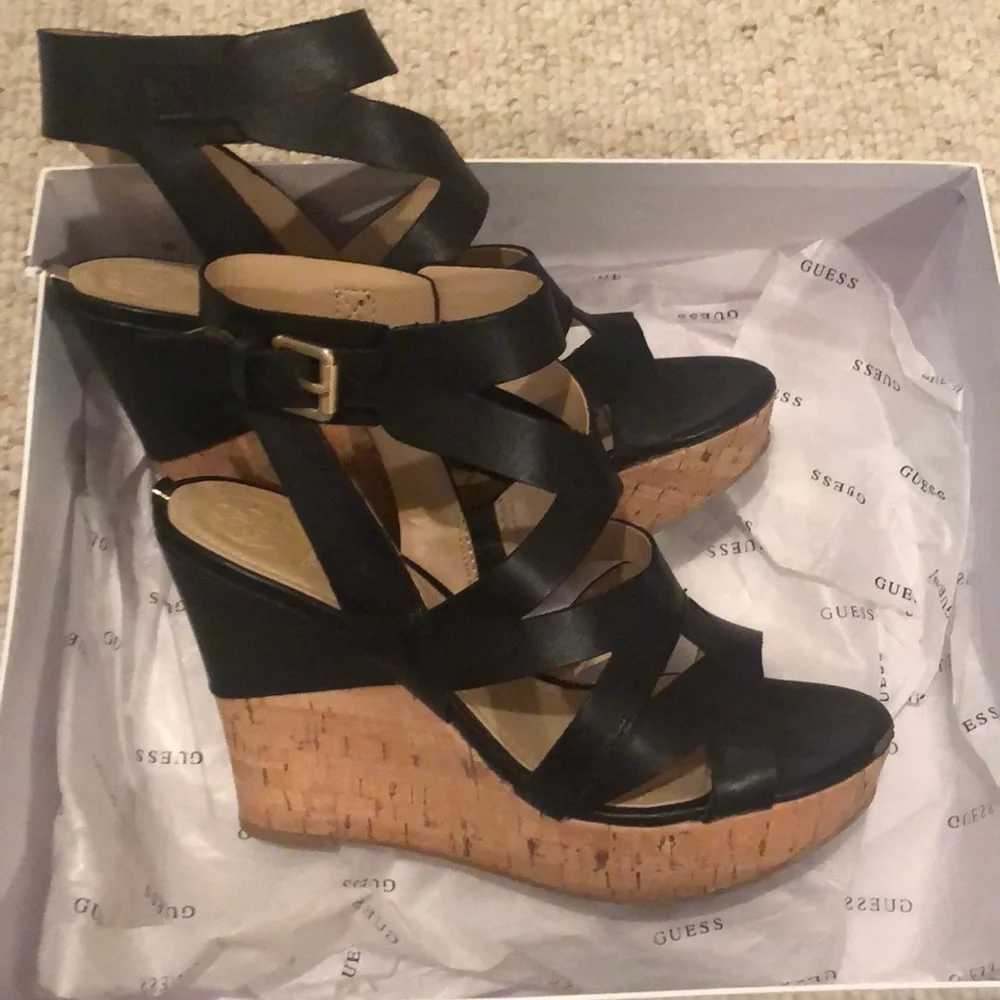 GUESS Black Leather Strappy Cork Wedge Sandals